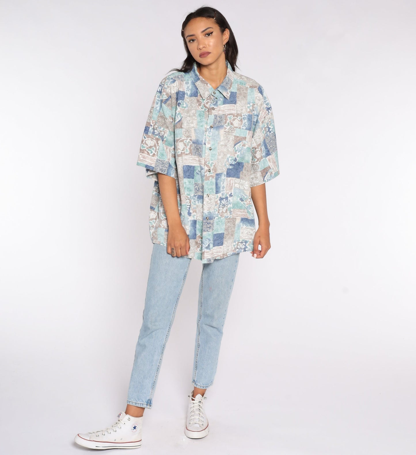 90s Floral Geometric Button-Up Blouse Blue Cotton XXL