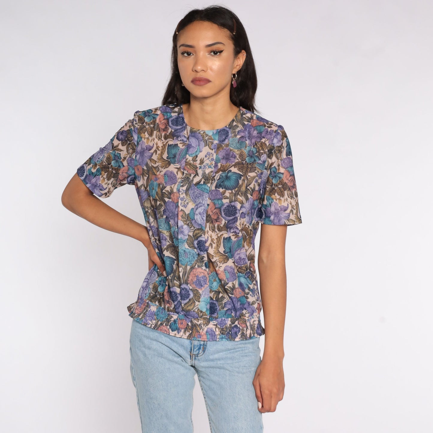 80s Purple Floral Print Blouse Short Sleeve Shirt Medium