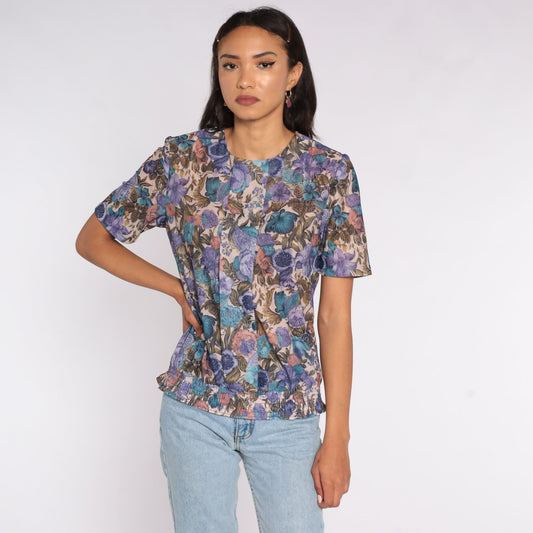 80s Purple Floral Print Blouse Short Sleeve Shirt Medium