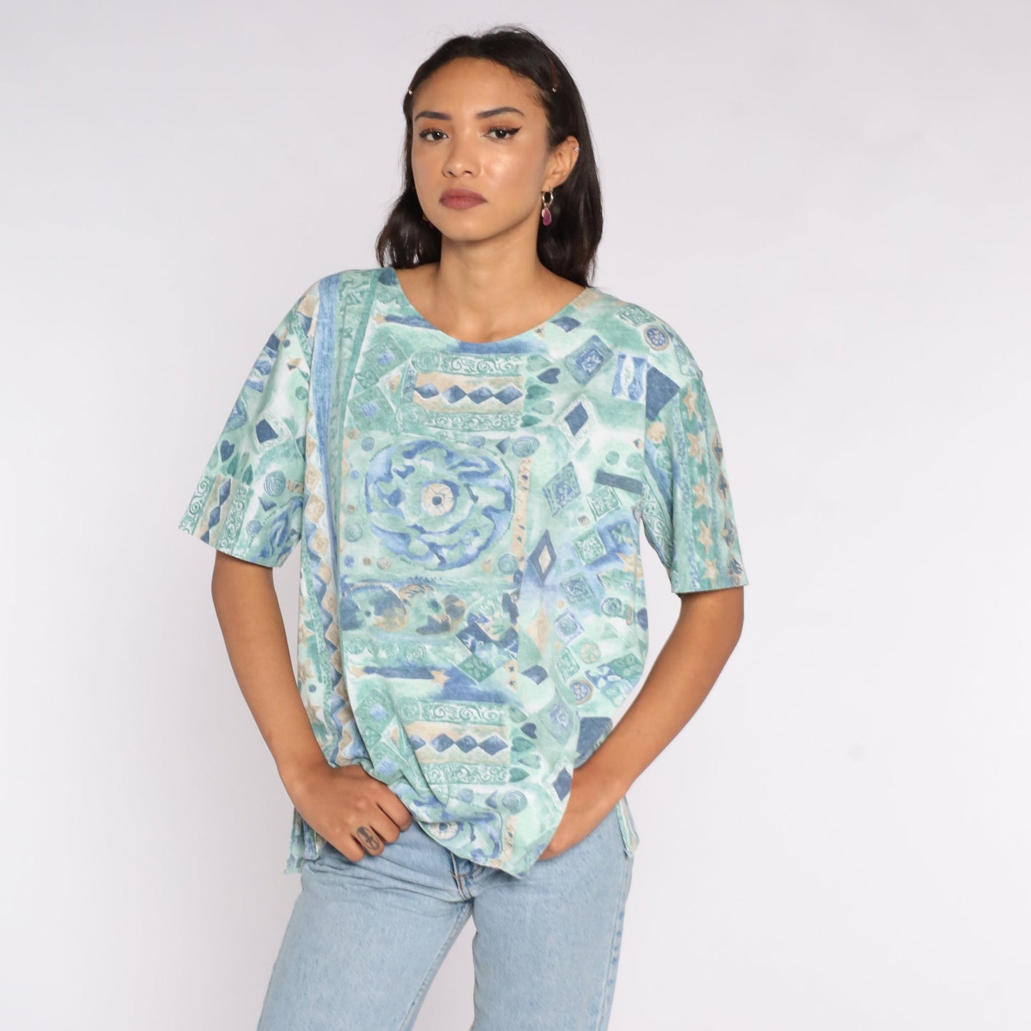 90s Geometric Graphic T-Shirt Green Grunge Tee Large XL