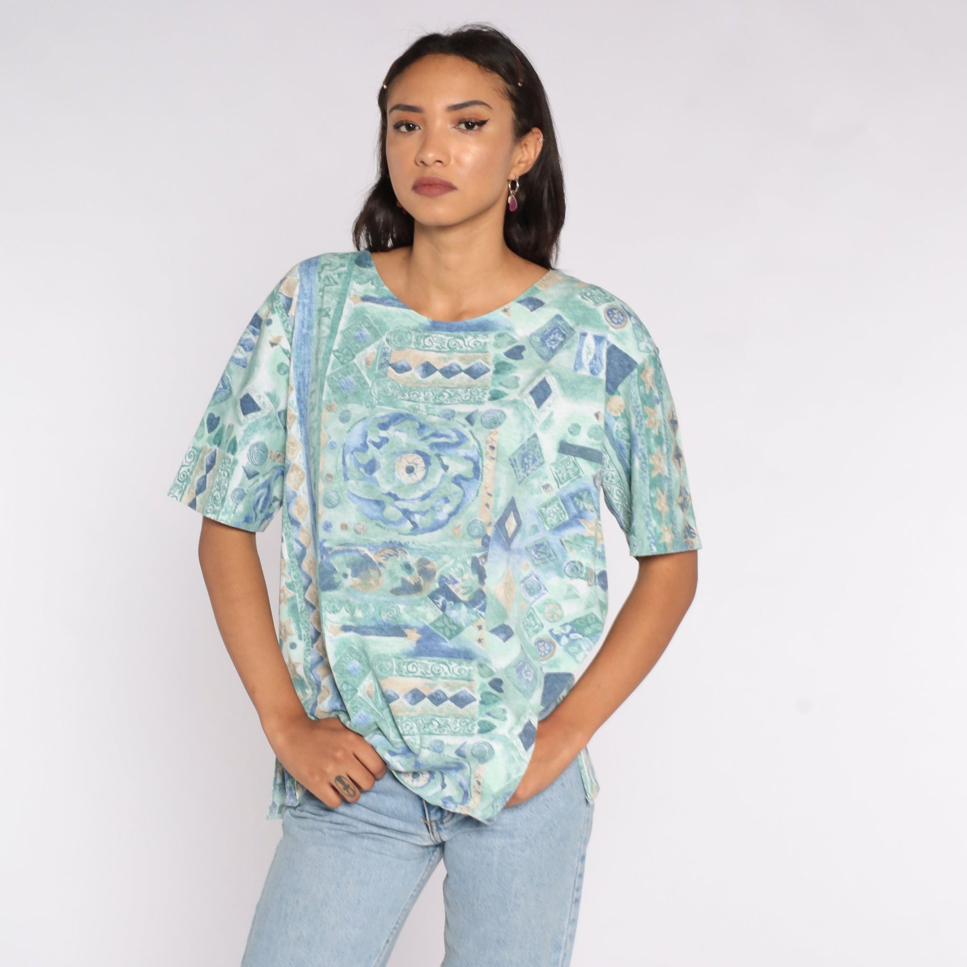 90s Geometric Graphic T-Shirt Green Grunge Tee Large XL