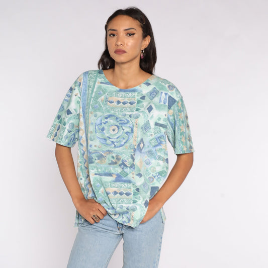 90s Geometric Graphic T-Shirt Green Grunge Tee Large XL