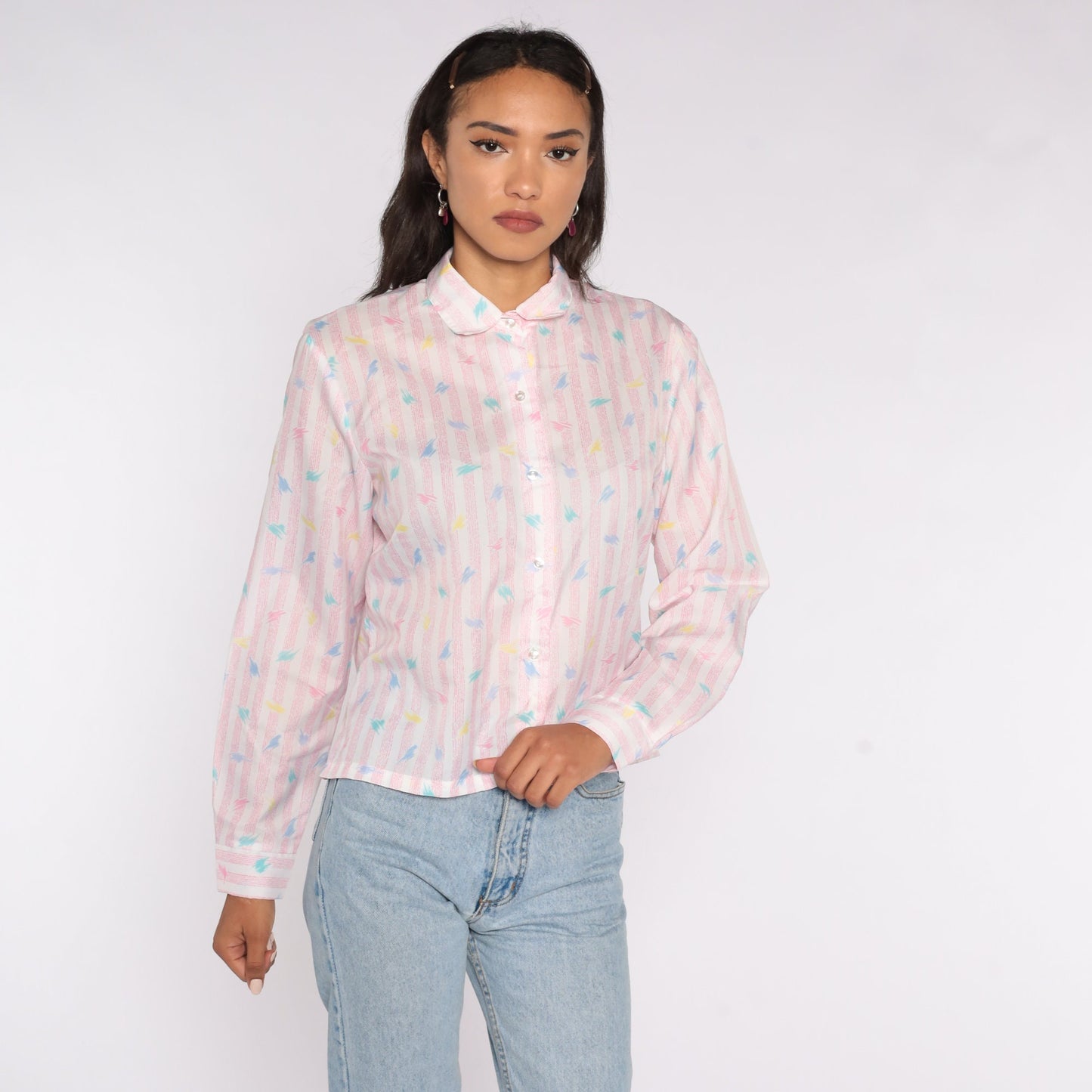 80s Pink Striped Brushstroke Button-Up Shirt Long Sleeve Collar Medium