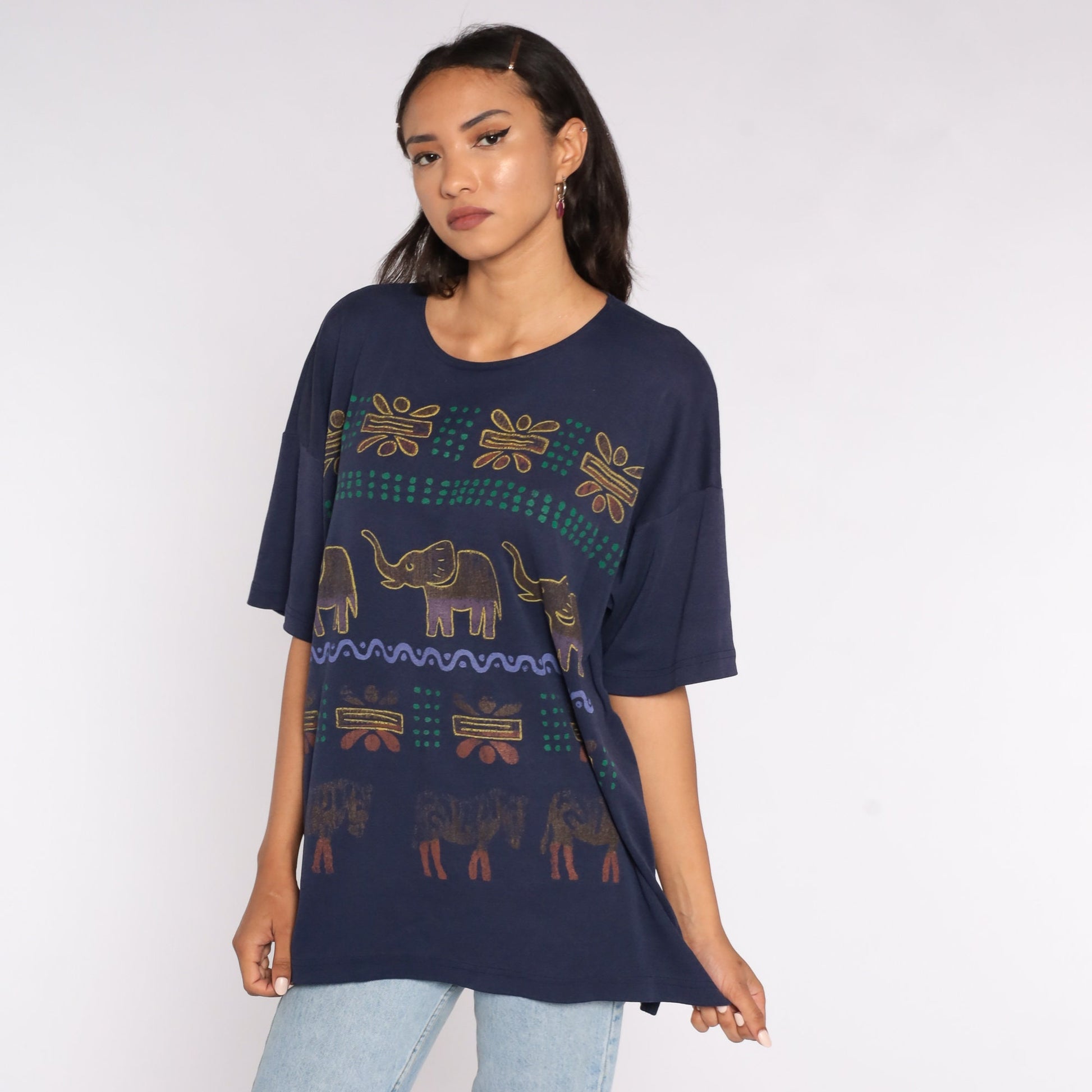 90s Safari Animal Graphic T-Shirt Navy Blue Elephant Zebra Extra Large