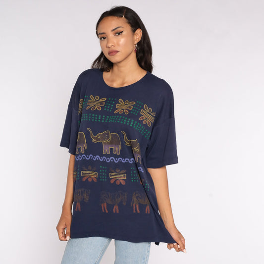 90s Safari Animal Graphic T-Shirt Navy Blue Elephant Zebra Extra Large