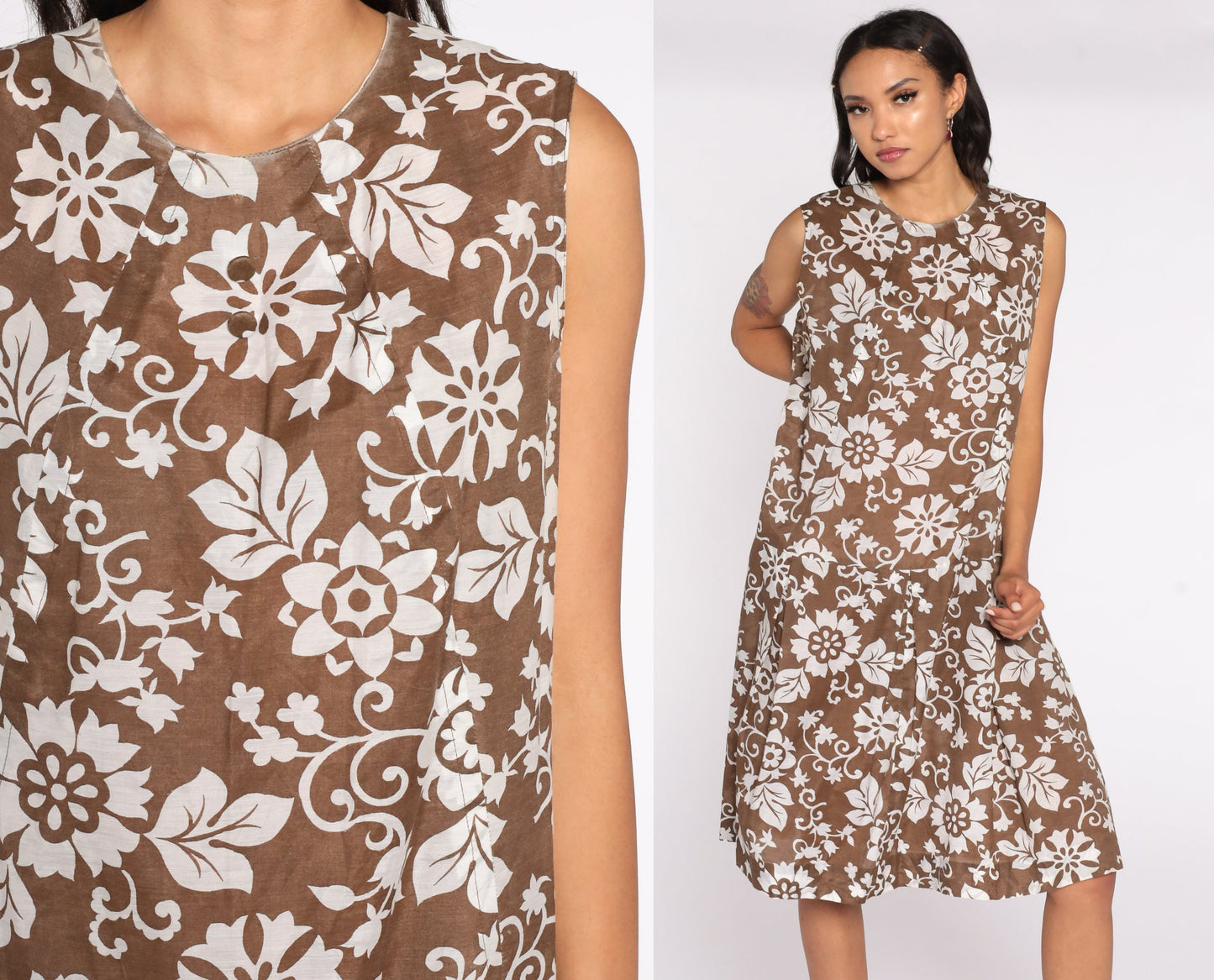 60s Mod Floral Drop Waist Midi Dress Pleated Sleeveless Brown Extra Large XL