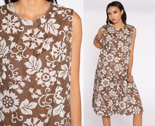60s Mod Floral Drop Waist Midi Dress Pleated Sleeveless Brown Extra Large XL