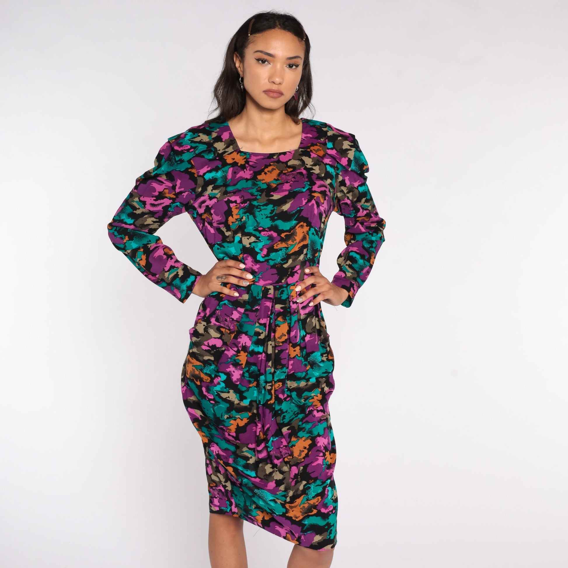 80s Abstract Print Midi Dress Puff Sleeve Purple Wiggle Pencil Medium