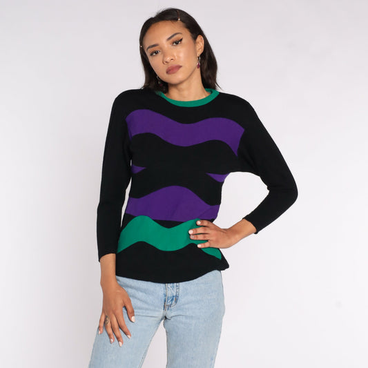 80s Black Purple Striped Wool Pullover Long Sleeve Shirt Small S