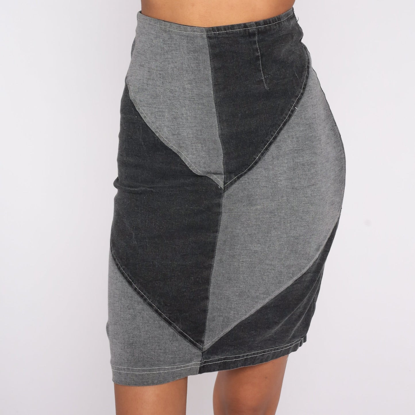 90s Black Grey Colour Block Mini Pencil Skirt High Waisted Extra Small