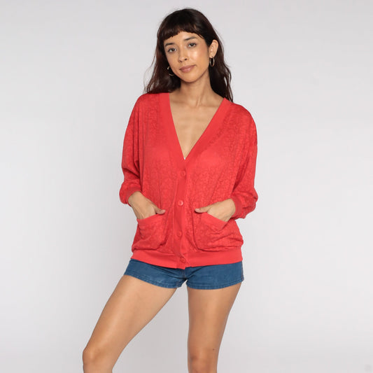 80s Red Floral Cardigan Sweatshirt Semi-Sheer Button-Up Medium Large