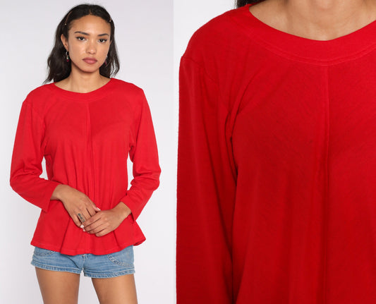 70s Red Trapeze Shirt Long Sleeve Blouse Medium