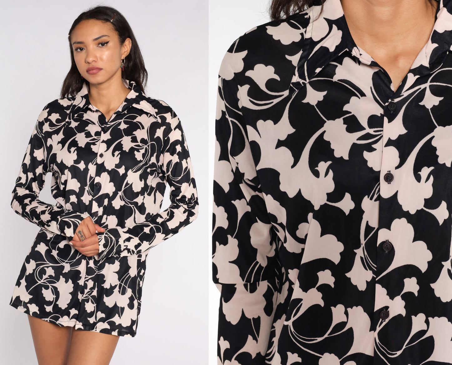 70s Floral Button-Up Shirt Dagger Collar Black Beige Long Sleeve Medium
