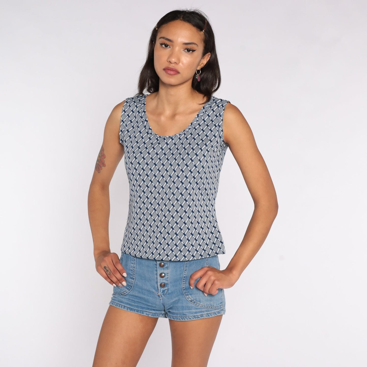 70s Geometric Tank Top Blue Checkered Sleeveless Blouse Small
