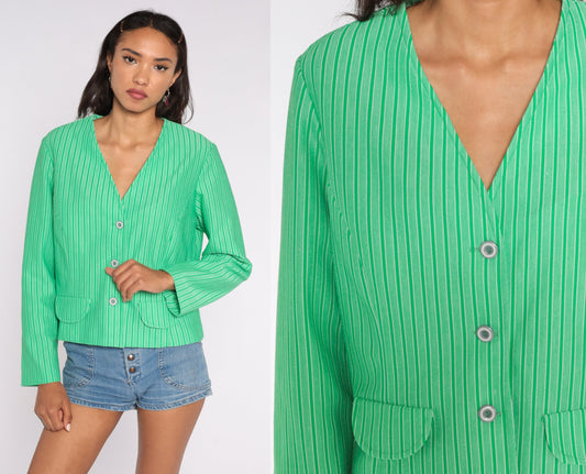 70s Green Striped Button-Up Shirt Long Sleeve Blouse V-Neck Large L