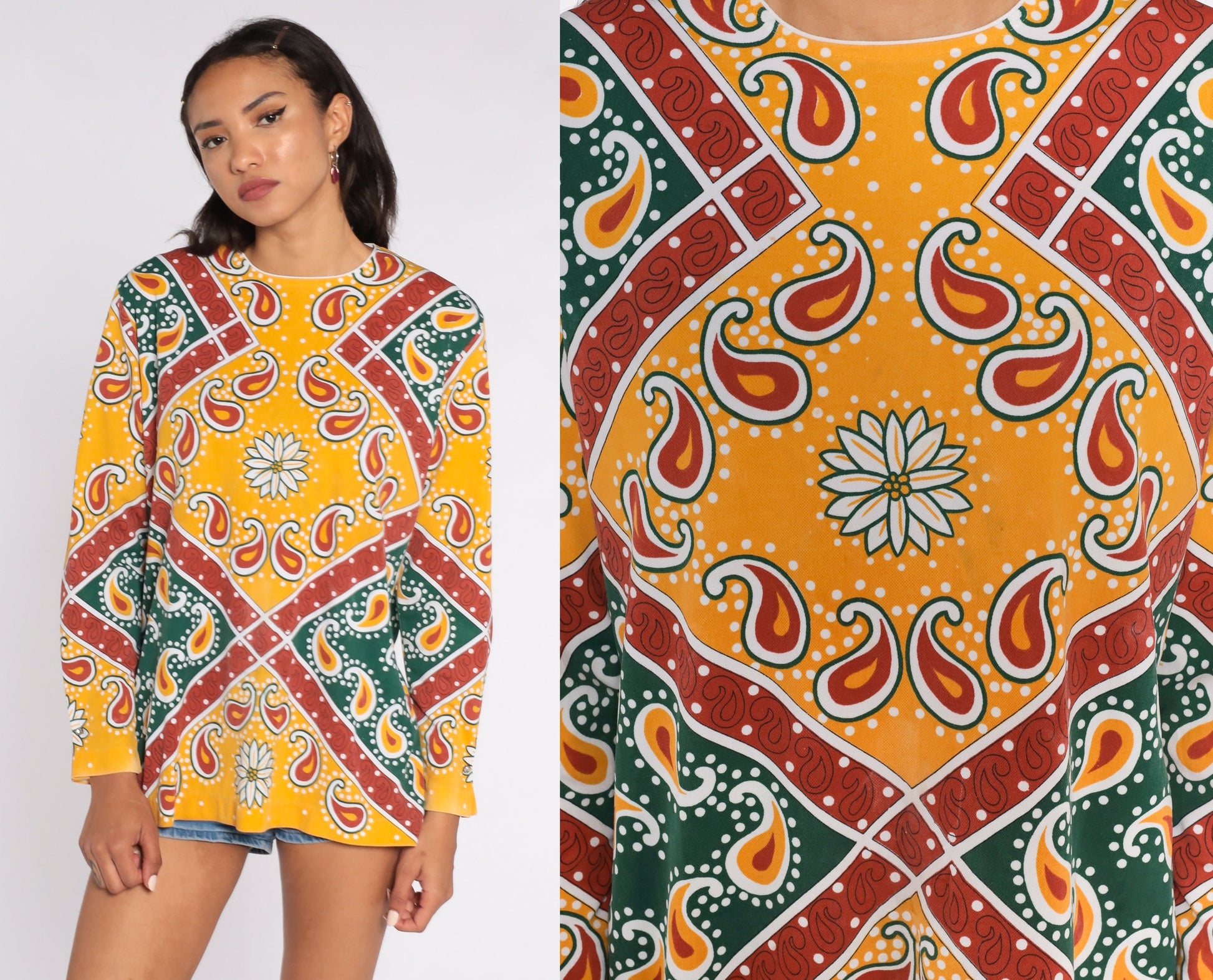 70s Psychedelic Floral Paisley Blouse Yellow Long Sleeve Extra Large