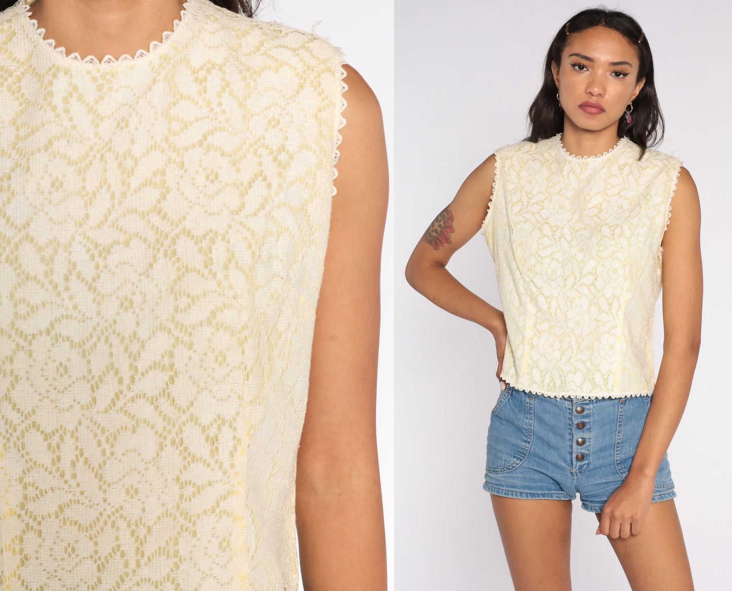 60s Cream Lace Crop Top Sleeveless Blouse Small
