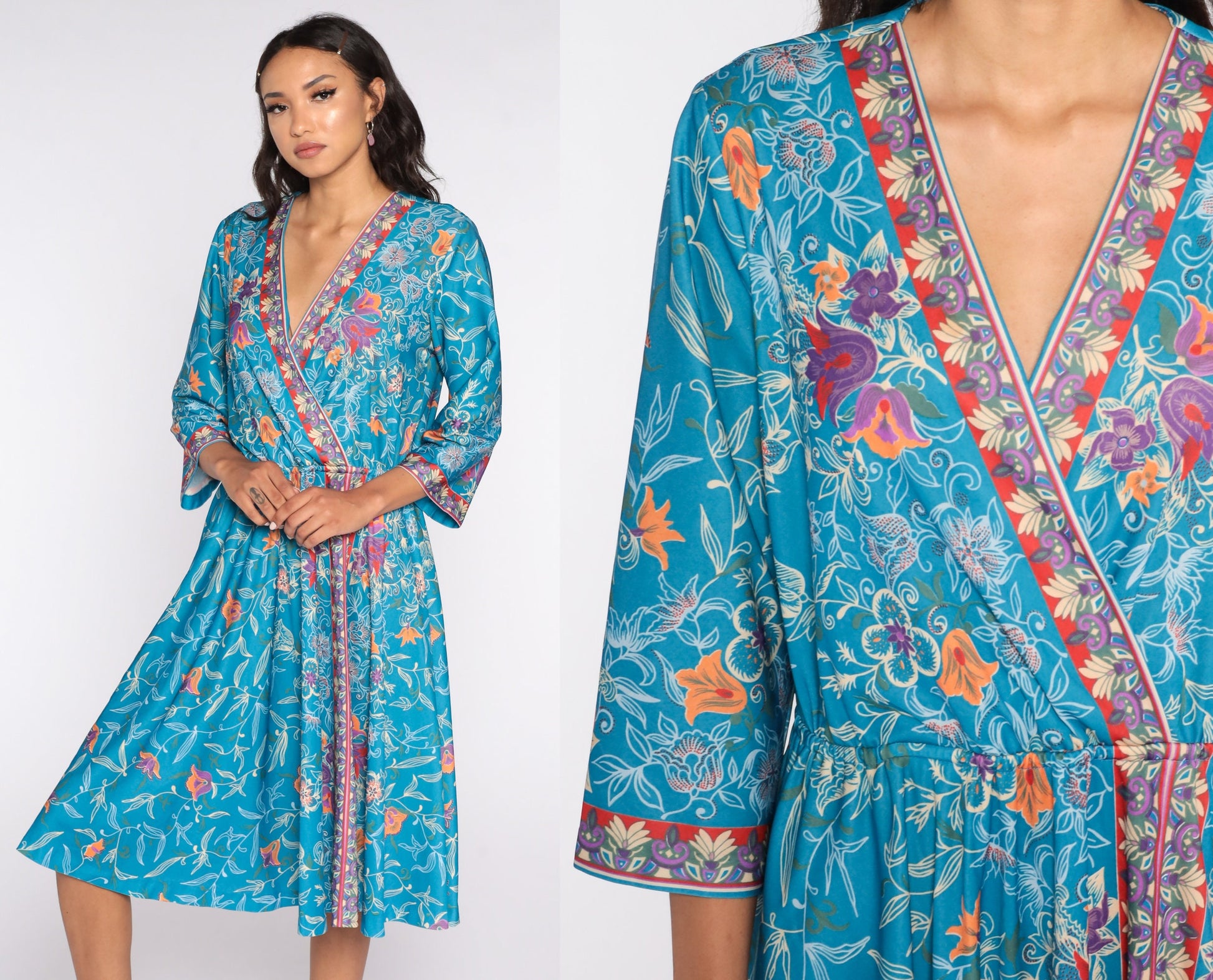 70s Blue Floral Wrap Midi Dress Deep V Neck Long Sleeve Extra Large