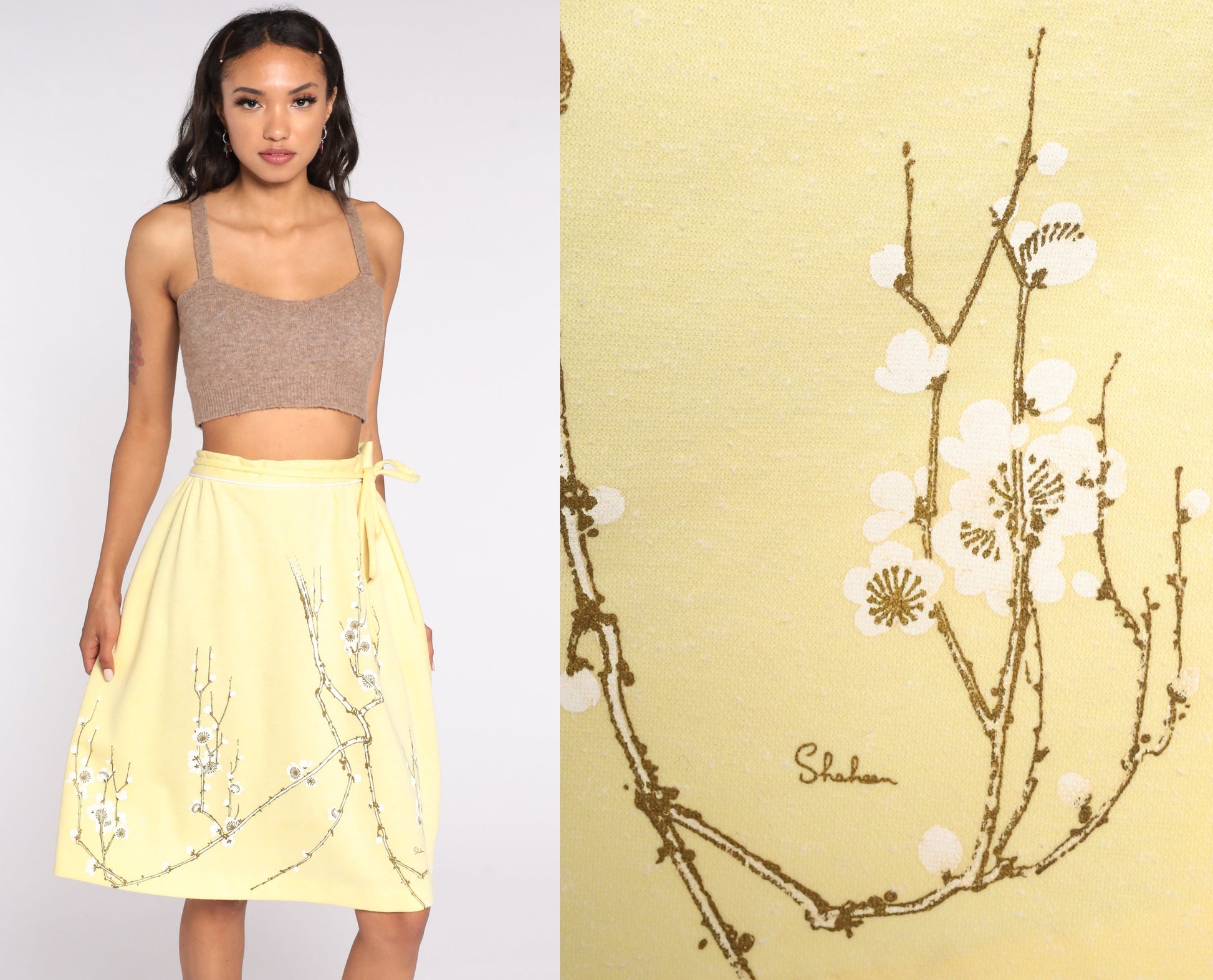 70s Alfred Shaheen Floral Midi Skirt Yellow High Waisted Extra Small