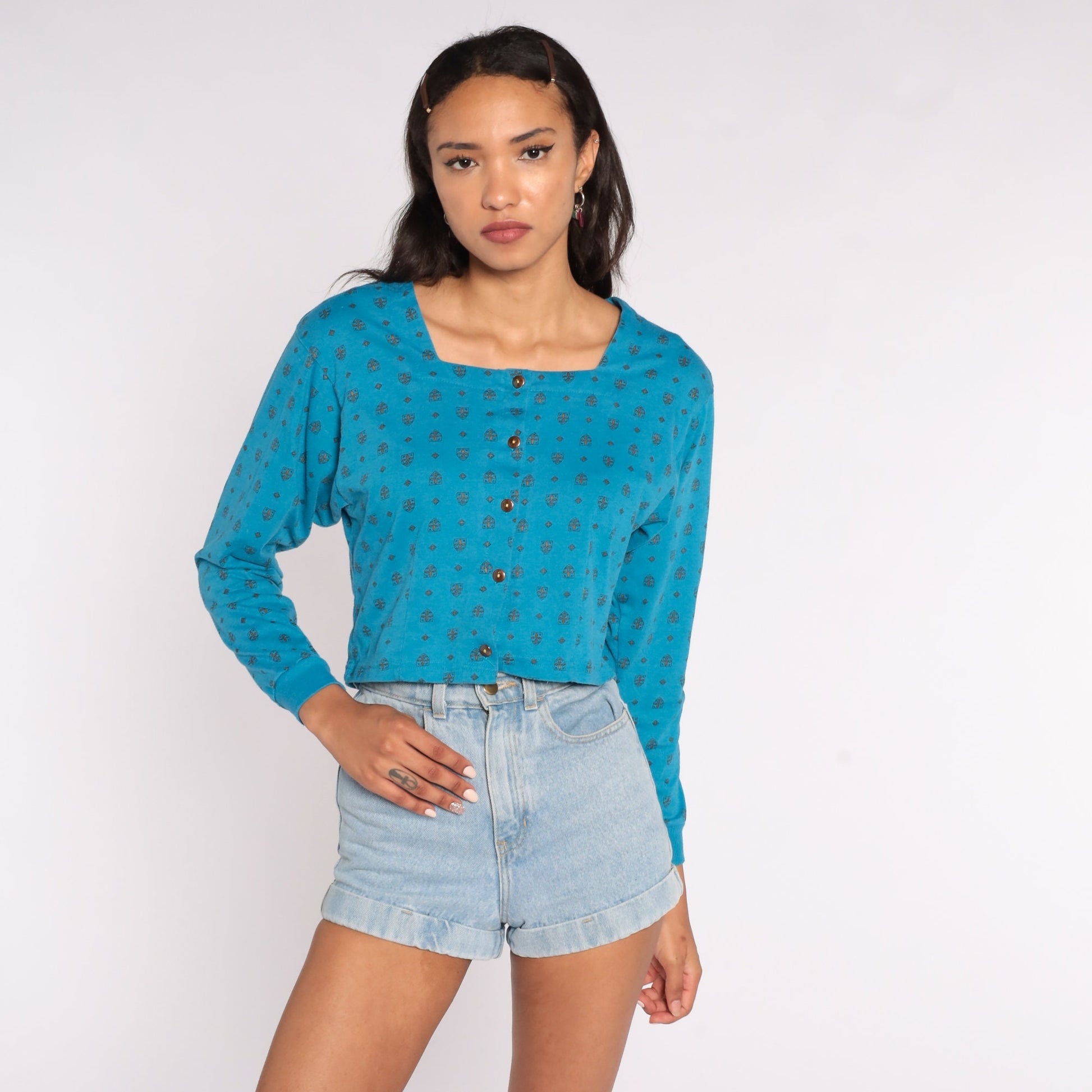 80s Turquoise Geometric Cotton Crop Top Button-Up Blouse Long Sleeve Medium