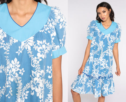80s Floral Midi Dress Puff Sleeve Tent Cut Blue Cotton Medium