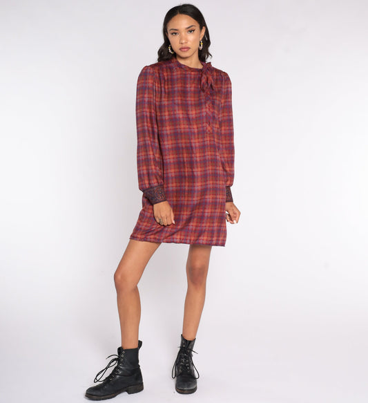 80s Plaid Mini Dress Red Brown Puff Sleeve Button Up Ascot Medium