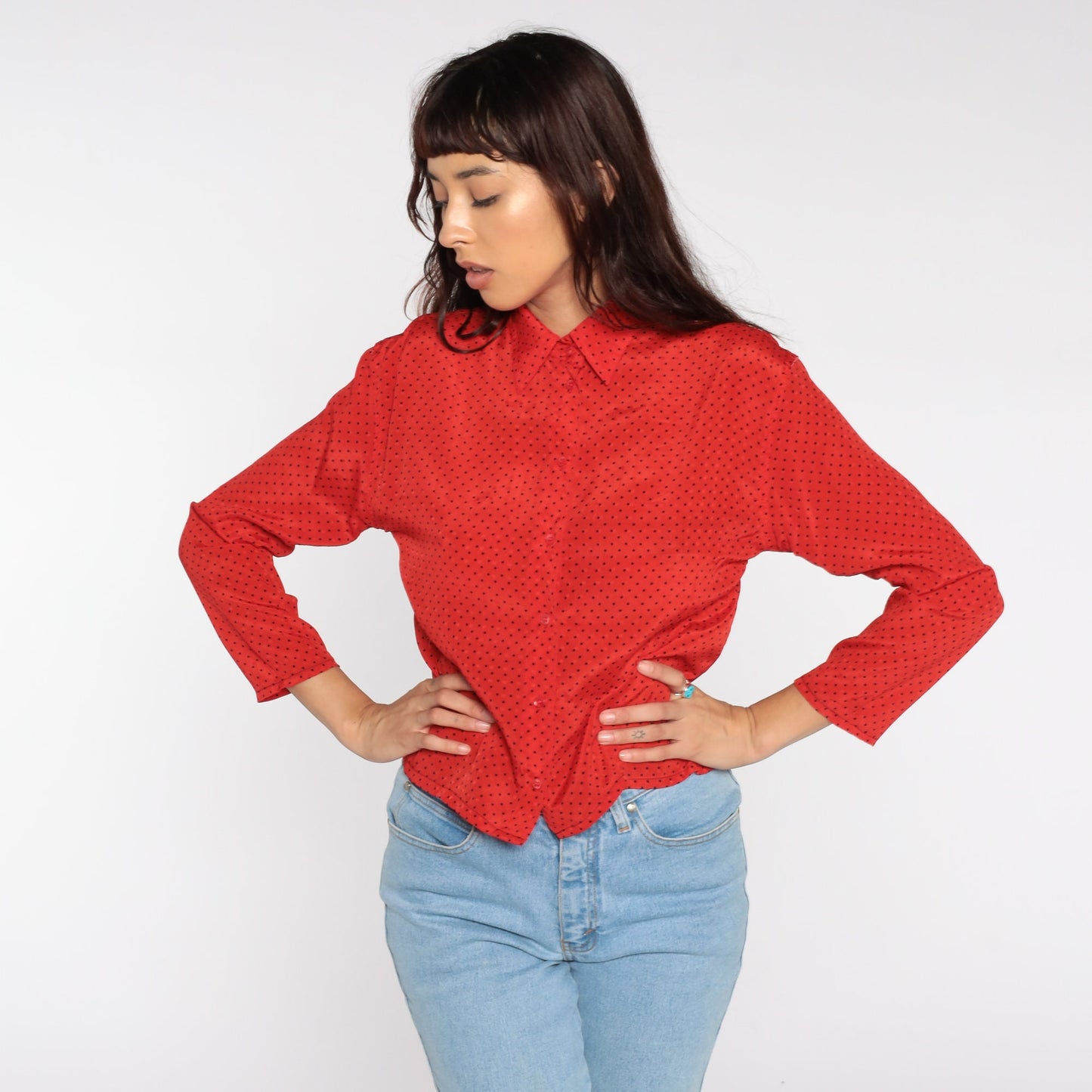 80s Red Polka Dot Button-Up Blouse Long Sleeve Small S