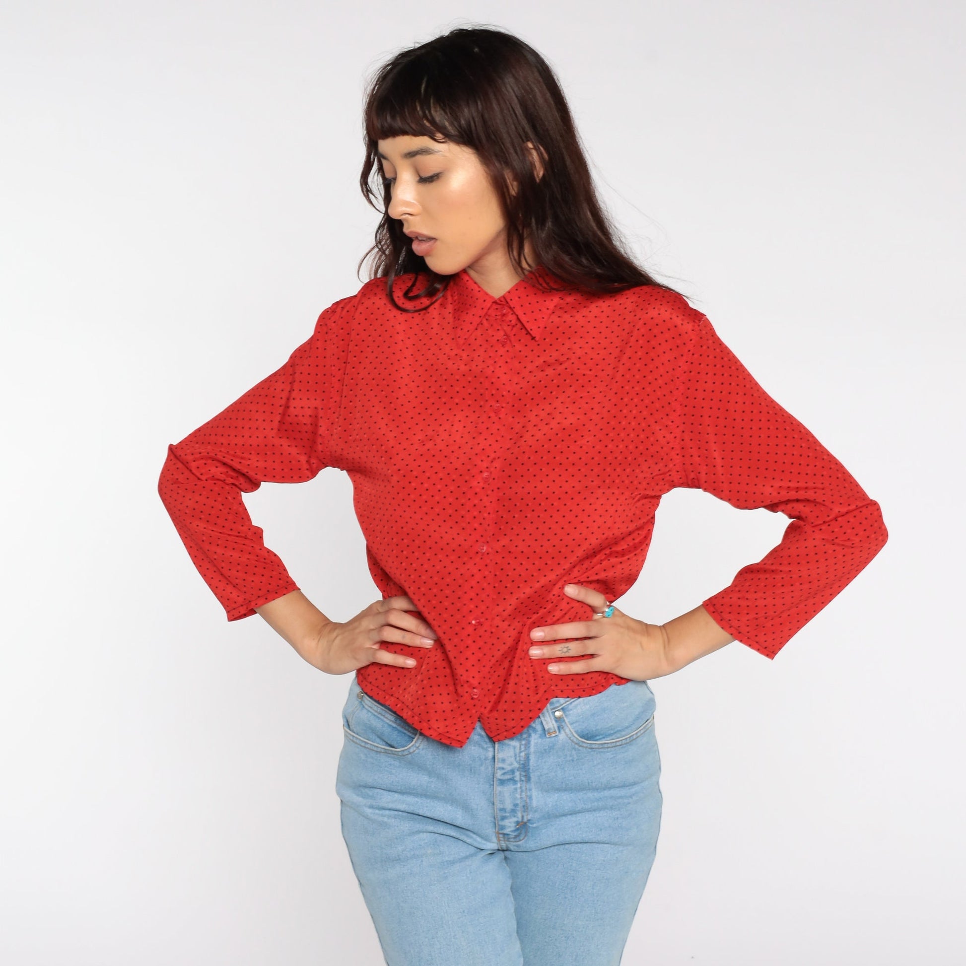 80s Red Polka Dot Button-Up Blouse Long Sleeve Small S