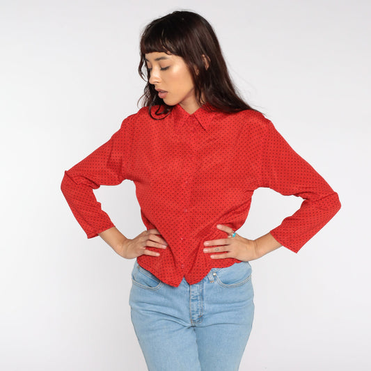 80s Red Polka Dot Button-Up Blouse Long Sleeve Small S