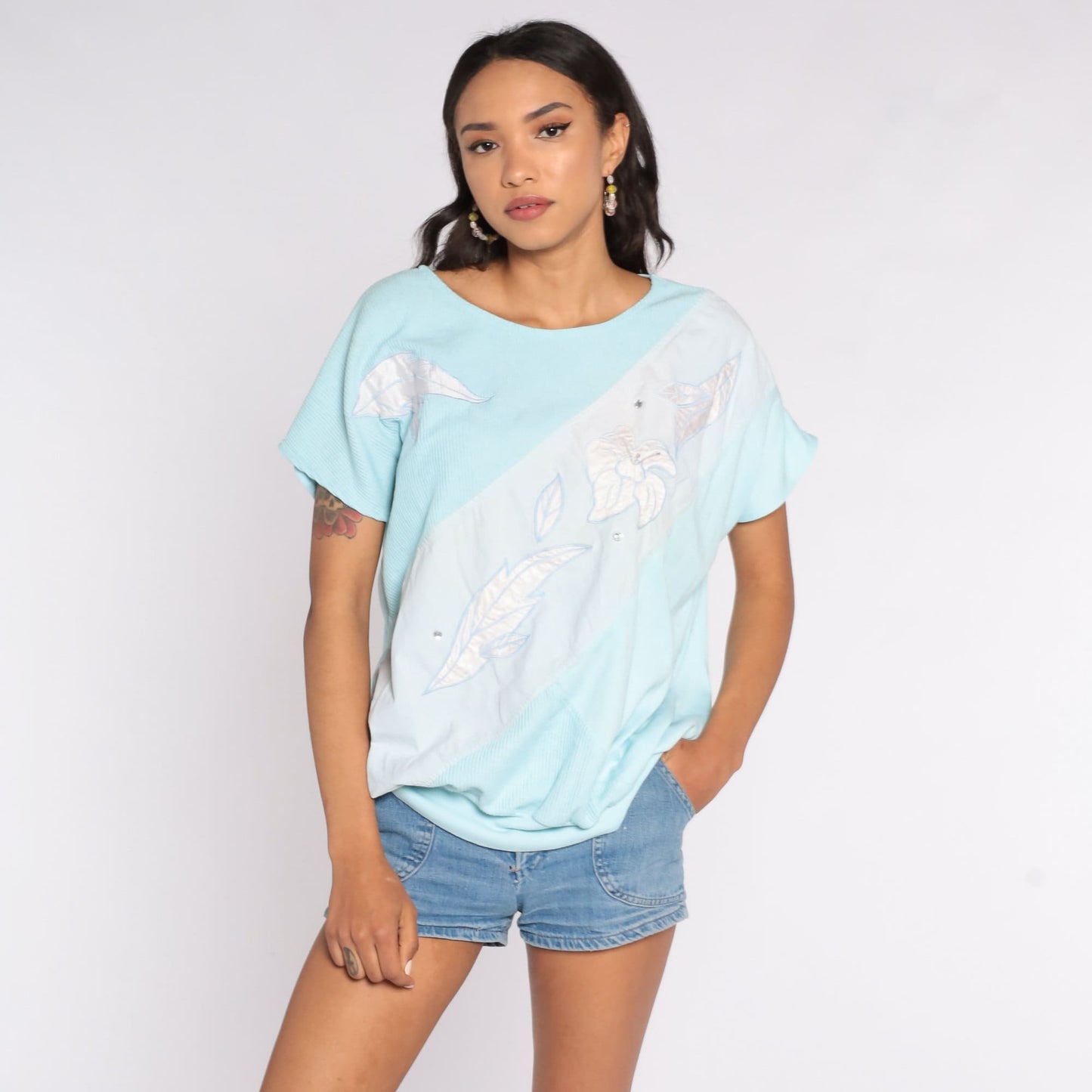 80s Floral Shirt Baby Blue Tropical Print Short Sleeve Blouse Plus Size XXL