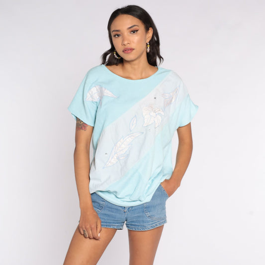 80s Floral Shirt Baby Blue Tropical Print Short Sleeve Blouse Plus Size XXL