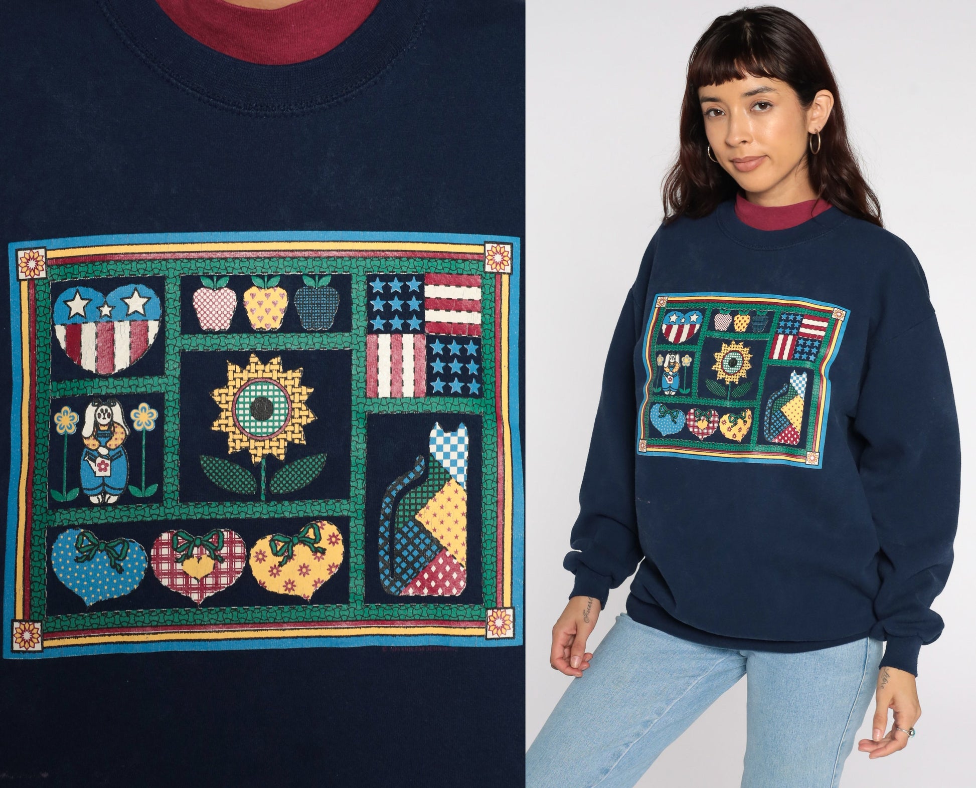 80s Country Cat Sunflower Navy Sweatshirt Graphic Animal Crewneck Large L