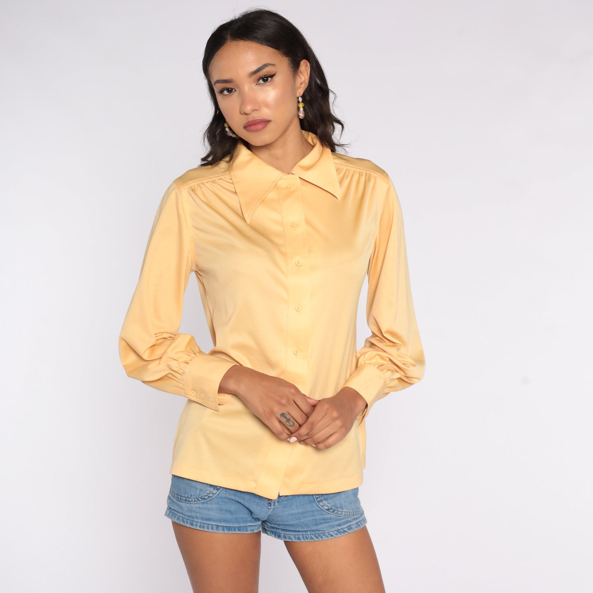 70s Orange Long Sleeve Button Up Shirt Dagger Collar Disco Blouse Medium