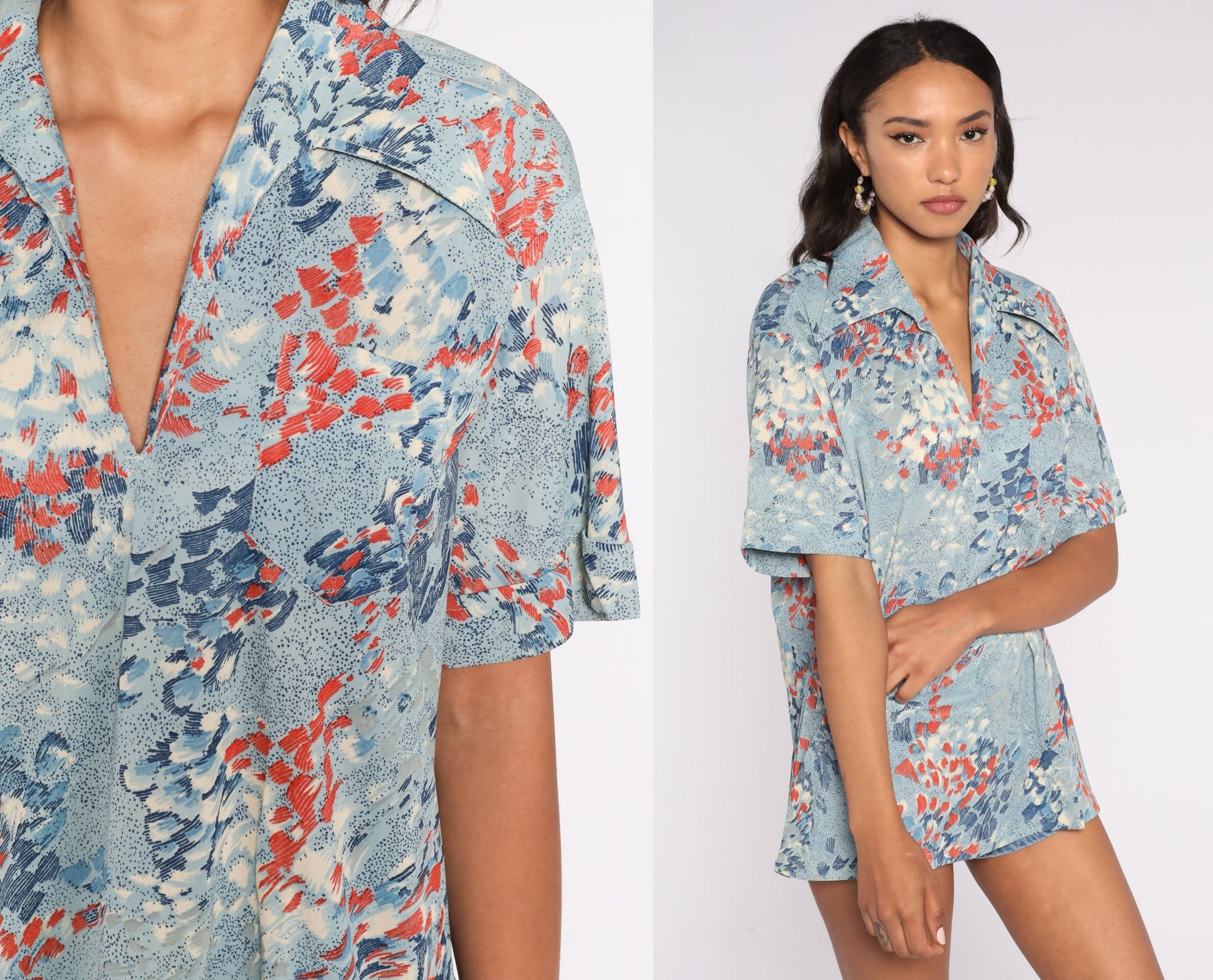 70s Brushstroke Blouse Blue V-Neck Short Sleeve Top Extra Large XXL