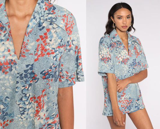 70s Brushstroke Blouse Blue V-Neck Short Sleeve Top Extra Large XXL