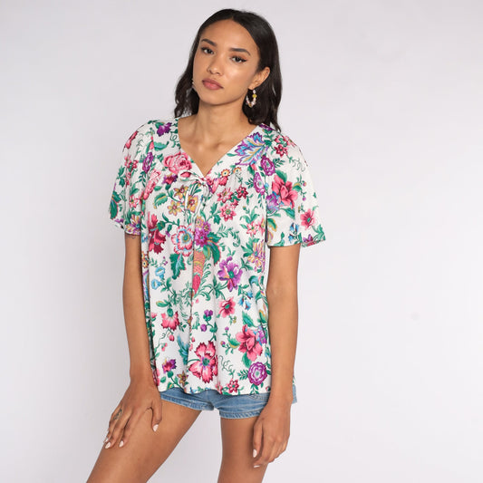 70s Floral Print Blouse White Tent Cut Flutter Sleeve Vintage Shirt Large L