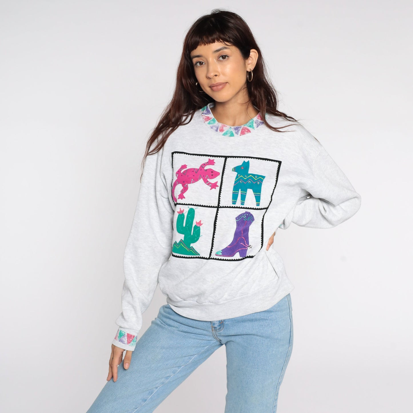 90s Southwestern Sweatshirt Cactus Coyote Gecko Grey Crewneck Medium