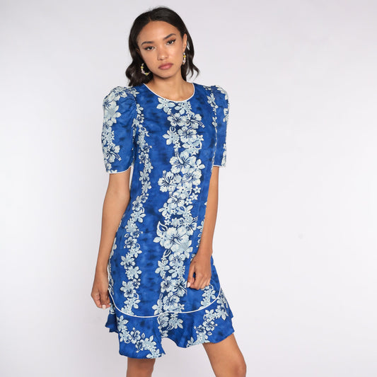 80s Hawaiian Floral Mini Dress Puff Sleeve Shift Cotton Small