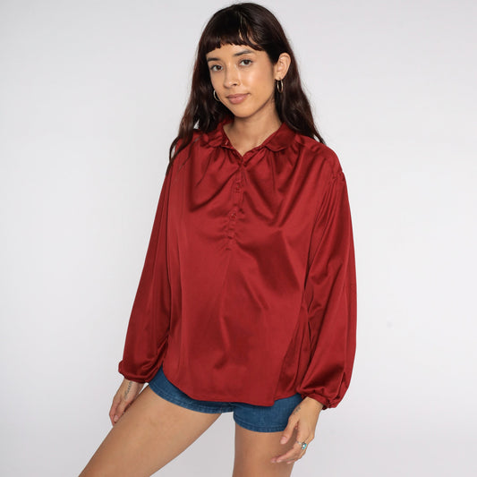 70s Rust Red Silky Blouse Peter Pan Collar Long Sleeve Disco Shirt Large L