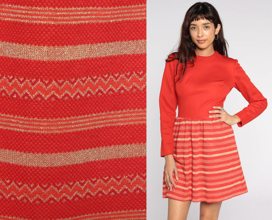 60s Mod Mini Dress Red Gold Striped Long Sleeve High Waist Small