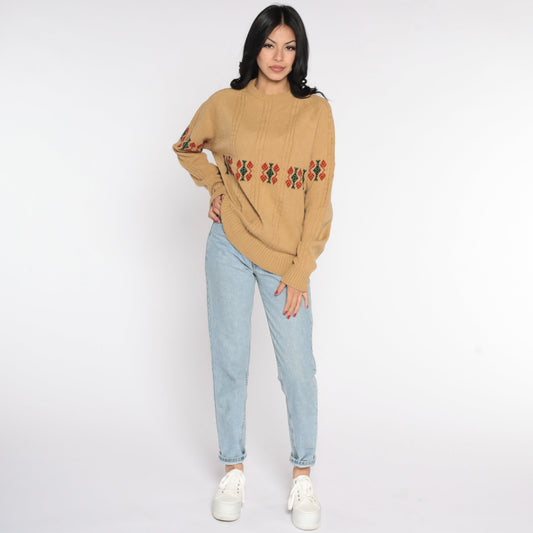 70s Robert Bruce Cable Knit Sweater Tan Geometric Pullover Large