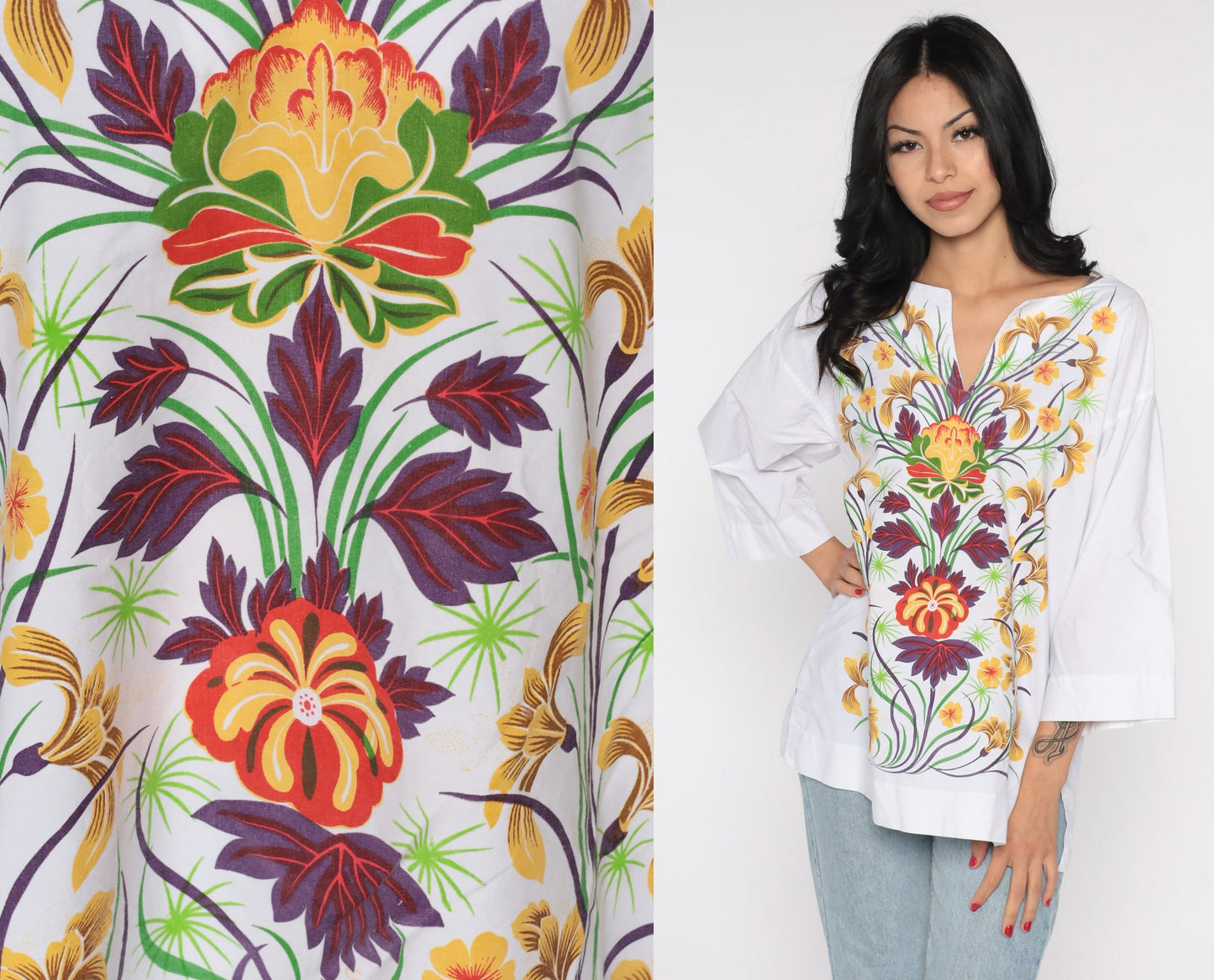 90s White Floral Tunic Blouse Cotton Long Sleeve Top Medium