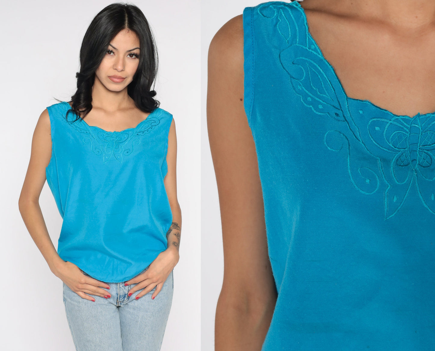 80s Blue Linen Tank Top Embroidered Butterfly Sleeveless Blouse Small