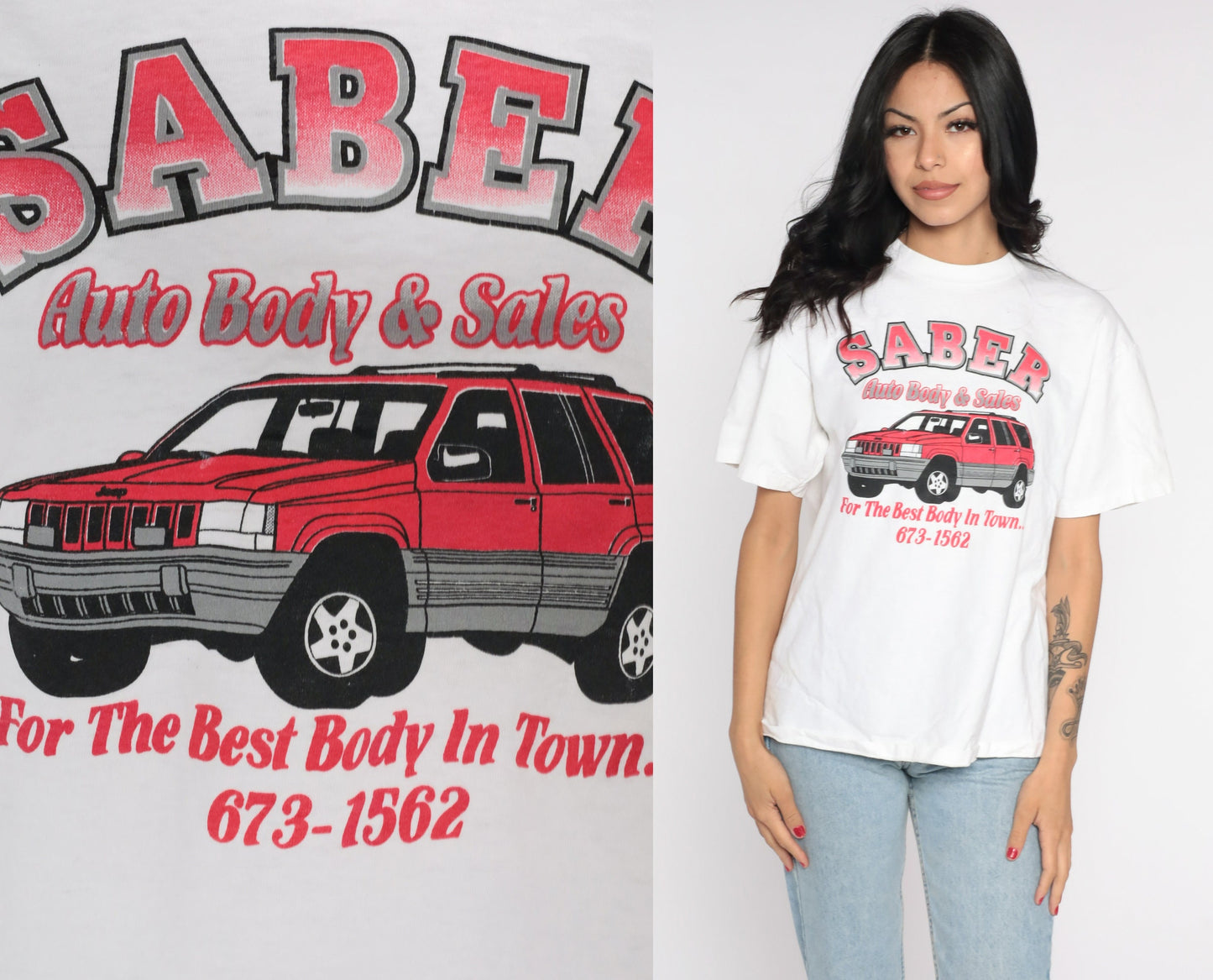 80s Saber Auto Body Jeep Graphic T-Shirt Fall River Massachusetts Cotton Small