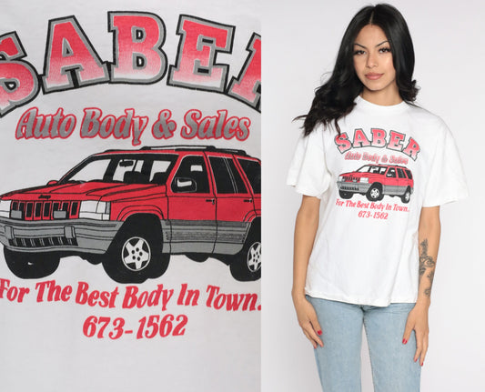 80s Saber Auto Body Jeep Graphic T-Shirt Fall River Massachusetts Cotton Small