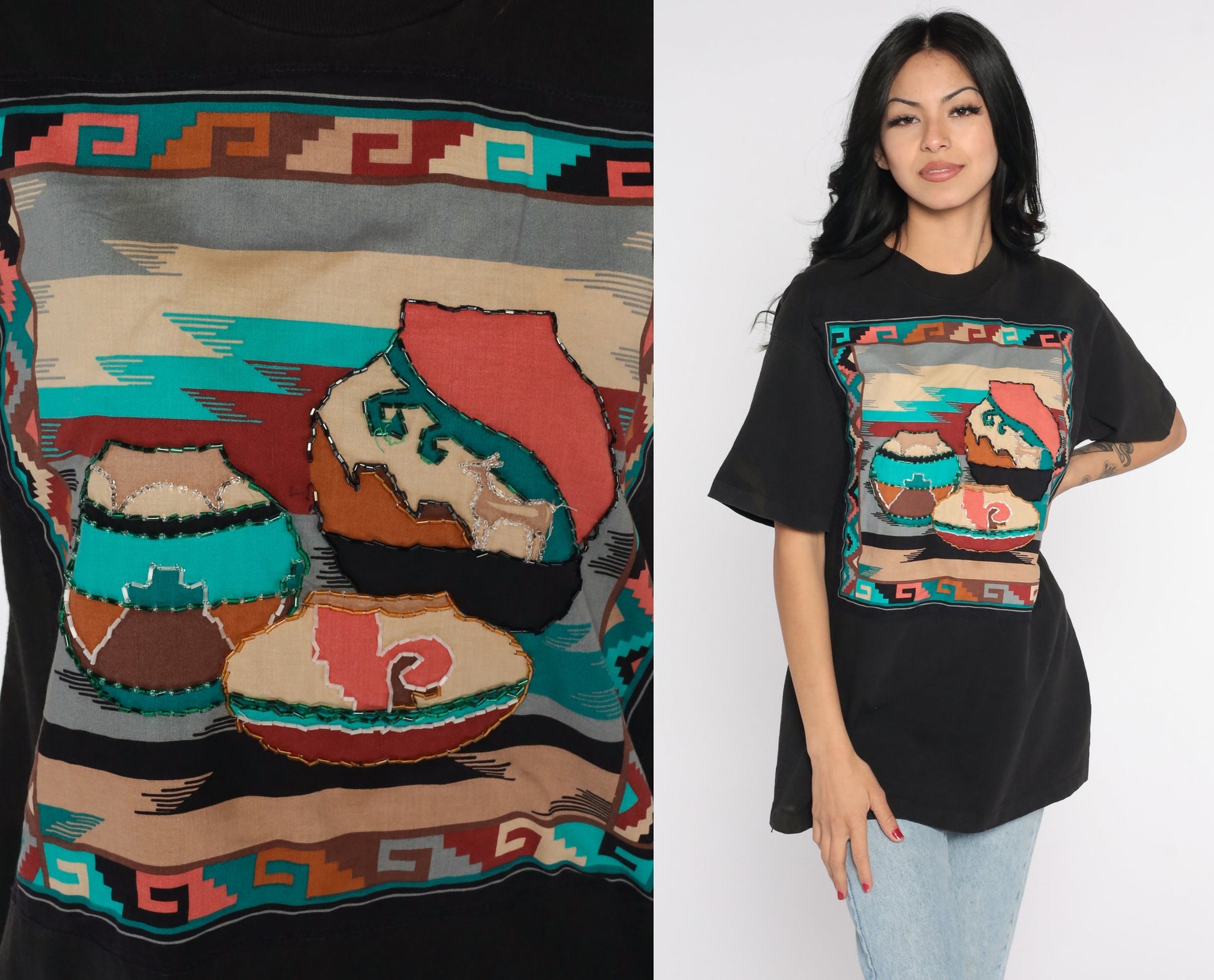 90s Southwestern Pottery Graphic T-Shirt Cotton Large