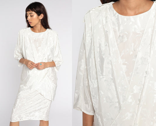 80s All That Jazz White Floral Embossed Midi Dress Draped Panel Medium