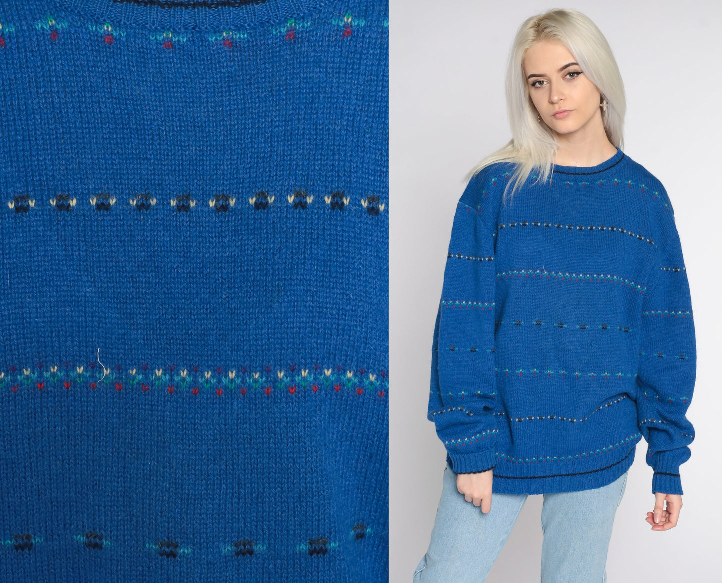 80s Gant Wool Striped Crewneck Sweater Blue Pullover Large