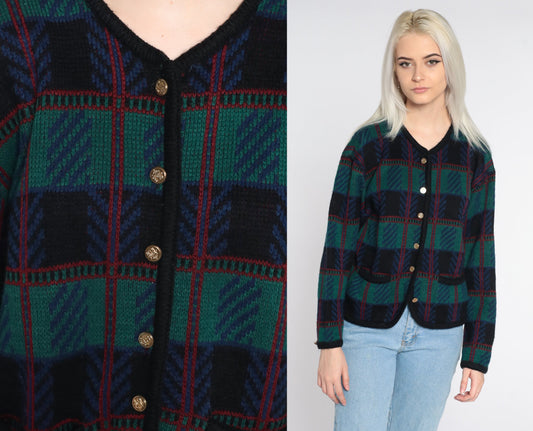 80s Checkered Cardigan Sweater Green Black Knit Button-Up Large