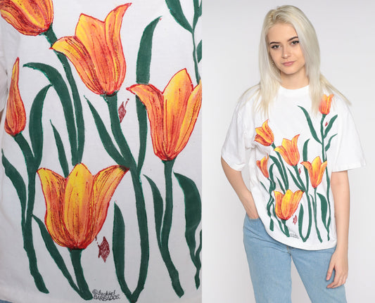 90s Hand Painted Floral T-Shirt Jackie Barbados Graphic Tee Medium
